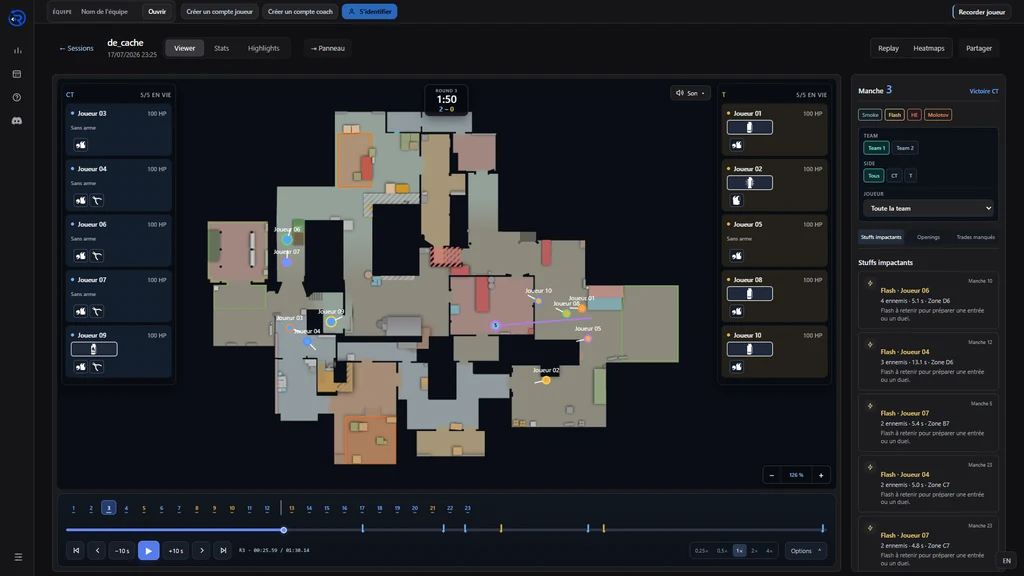 Replay CS Recall : carte 2D, dix joueurs représentés et navigation par manche. Pseudos remplacés.